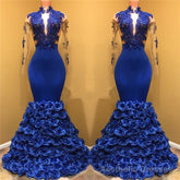 Gorgeous Royal Blue Prom Dresses Long Sleevess Evening Gowns with Rose Flowers